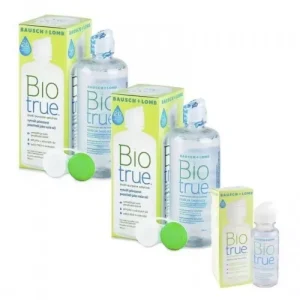 pack de liquido de lentillas con dos botellas y uno para avión biotrue de bausch and lomb